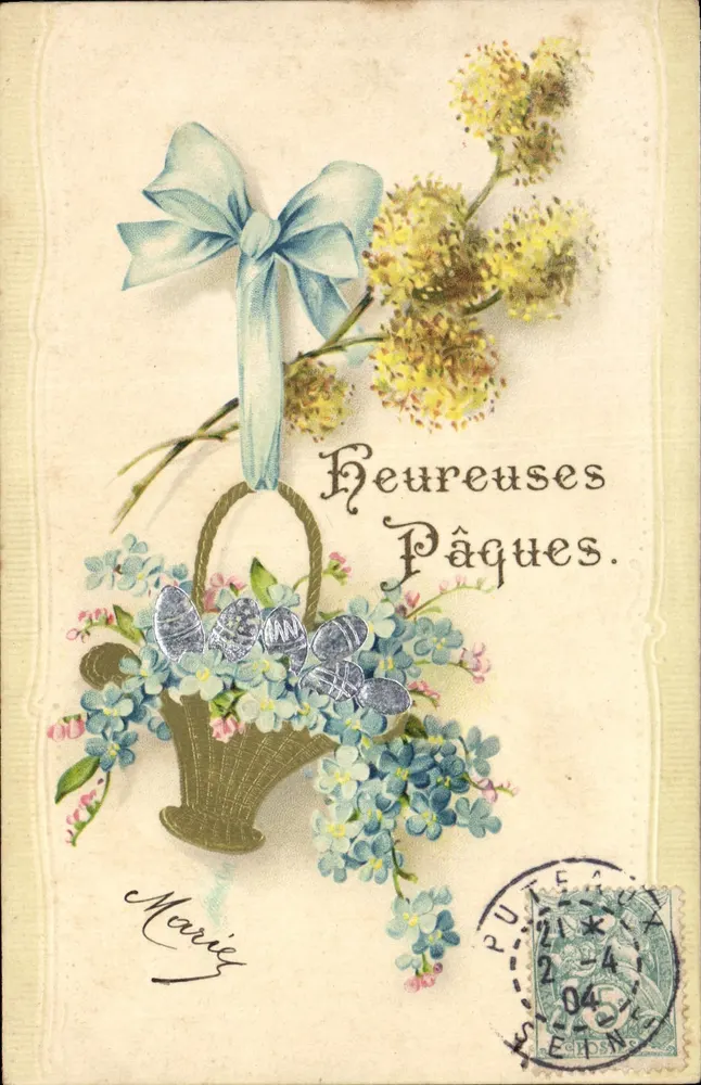 Arranjo de flores e ovos de Páscoa — Felizes Páscoas. — Editor não identificado, número de série não visível - Frente