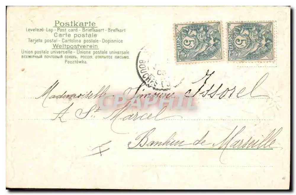 Flores azuis — Saudações sinceras aos seus queridos Pais — Louise Dic - Verso