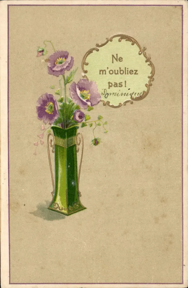 Flores em um vaso verde — Não me esqueça! Dominique — Carta postal - Frente