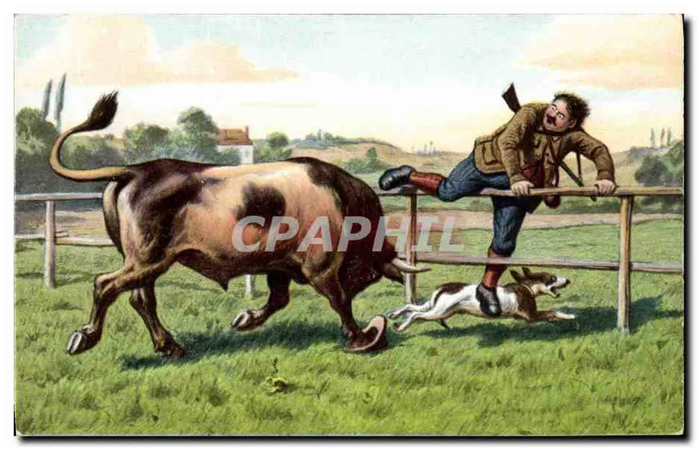 Um homem e um cão evitando um touro — Série 1191/5 — União Postal Universal - Frente