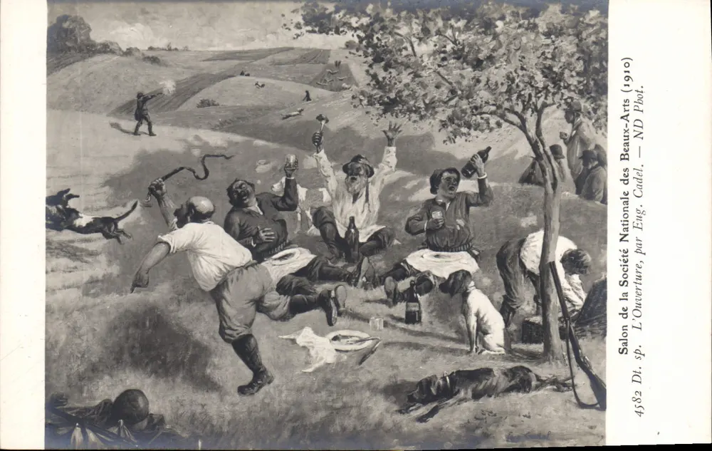 Festiwal wiejski — myśliwi i psy — Salon Towarzystwa Narodowego Sztuki Pięknej (1910) — ND Phot. - Awers