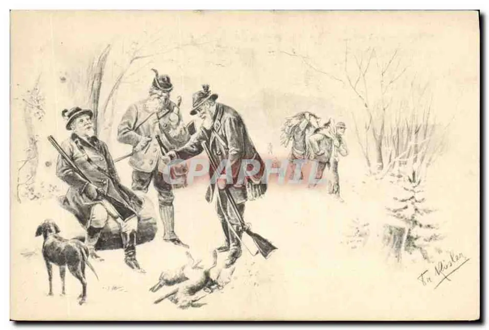 Caçadores no inverno — cena de caça — desenho de Fra Misler - Frente