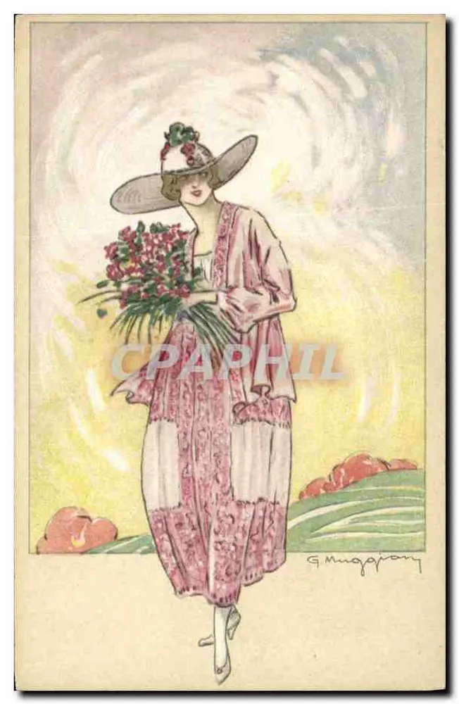Frau in rosa Kleid und Hut — künstlerische Illustration — G. Muggian, Serie N. 37 - Vorderseite