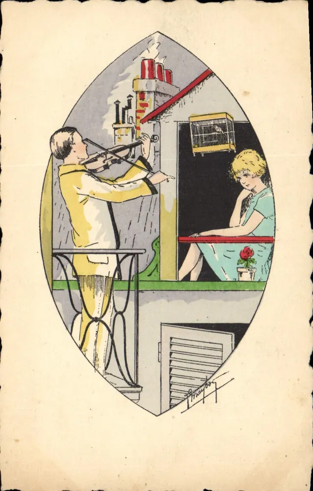 Musiker, der Violine spielt — Frau am Fenster — Verlag Artisques Parisiens, Nr. 4419 - Vorderseite