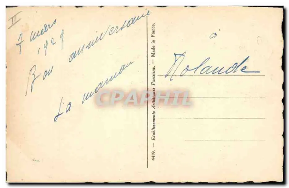 Musiker, der Violine spielt — Frau am Fenster — Verlag Artisques Parisiens, Nr. 4419 - Rückseite