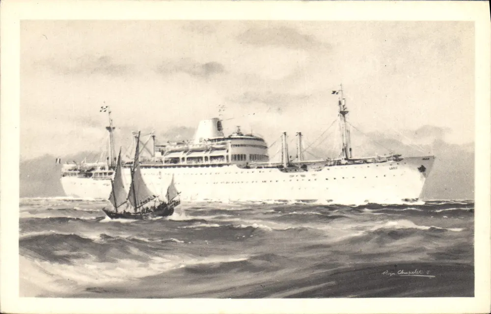 Kreuzer und Segelschiff auf See — Zeichnung von Raya Charelet — Compagnie des Messageries Maritimes « LAOS » - Vorderseite