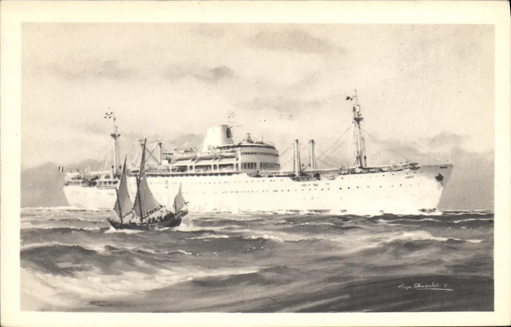 Kreuzer und Segelschiff auf See — Illustration von Roya Churchill — Compagnie des Messageries Maritimes « LAOS » - Vorderseite