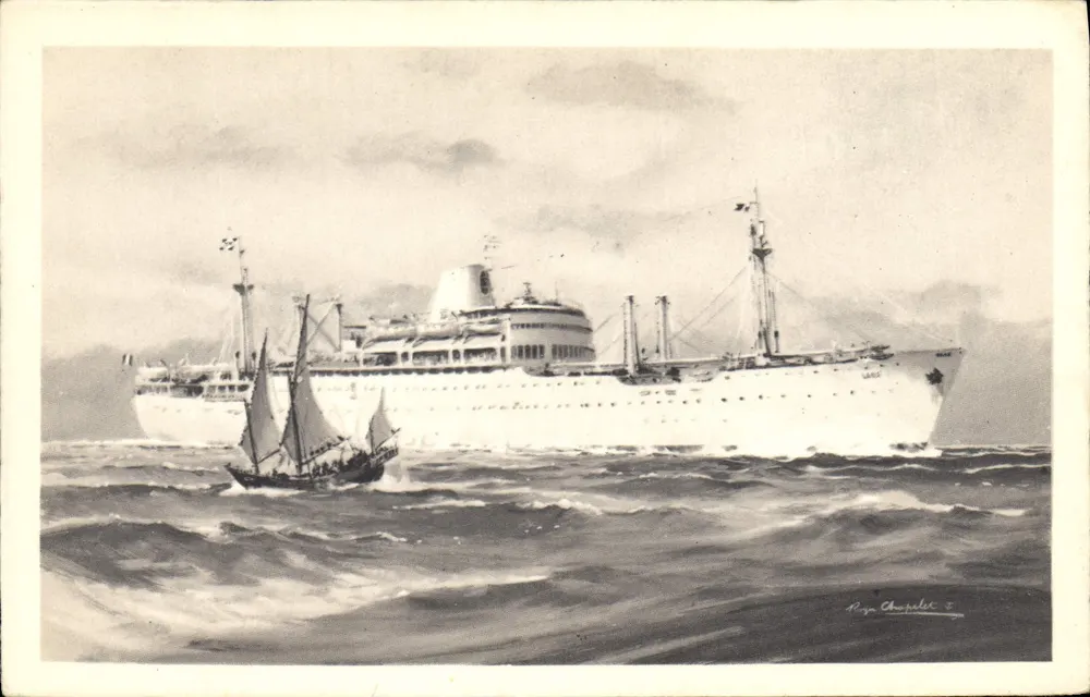 Kreuzer und Segelschiff auf See — Zeichnung von Roger Charallet — Compagnie des Messageries Maritimes « LAOS » - Vorderseite