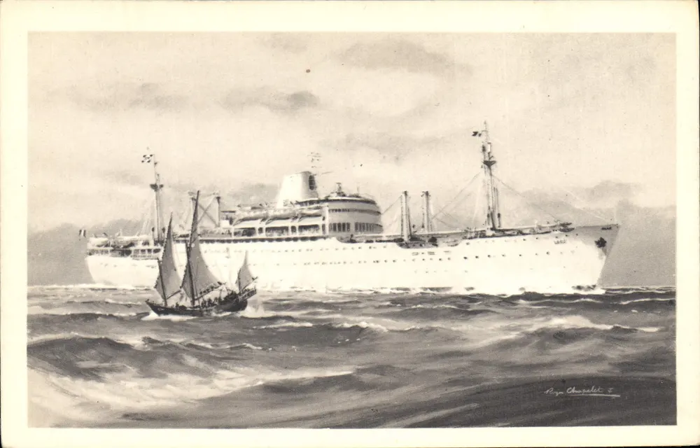 Kreuzer und Segelschiff auf See — Zeichnung von Raya Chausset — Verlag Compagnie des Messageries Maritimes « LAOS » - Vorderseite