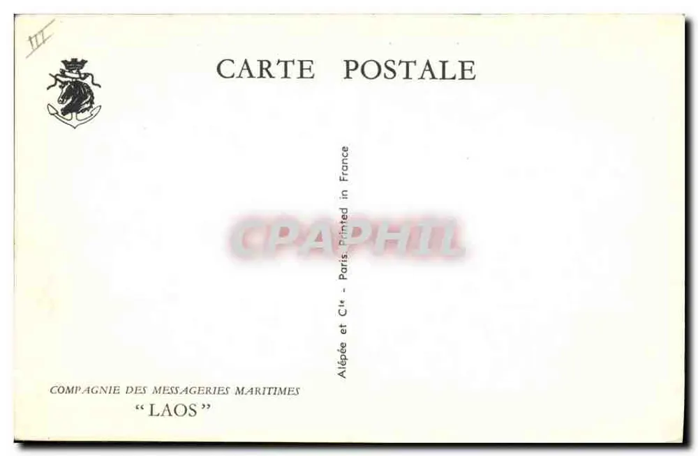 Kreuzer und Segelschiff auf See — Zeichnung von Raya Chausset — Verlag Compagnie des Messageries Maritimes « LAOS » - Rückseite