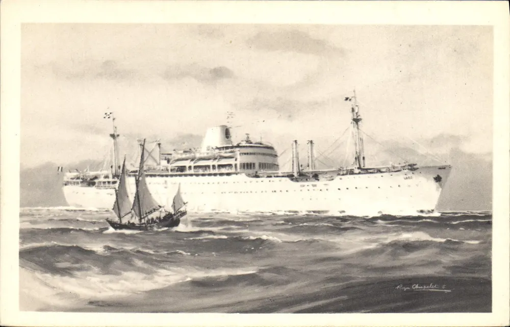 Kreuzer und Segelschiff auf See — Zeichnung von Roger Charpillet — Compagnie des Messageries Maritimes « LAOS » - Vorderseite