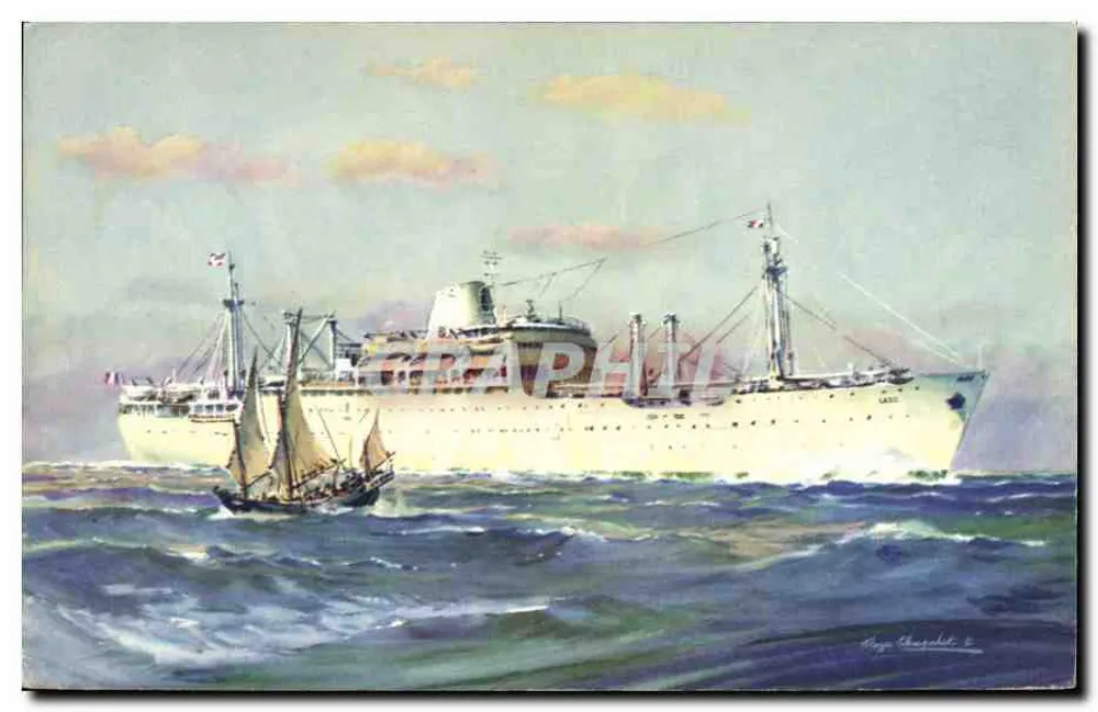 Handelsschiff — mit Segelschiff — Compagnie des Messageries Maritimes "LAOS" - Vorderseite