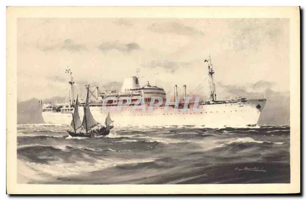 Kreuzer und Segelschiff auf See — Compagnie des Messageries Maritimes « LAOS » — Alépée et Cie, Paris - Vorderseite