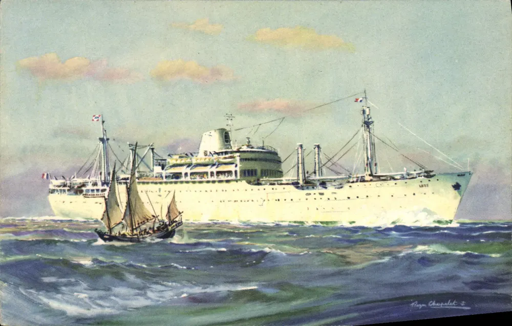 Frachter auf See — mit Segelschiff — Zeichnung von Régis Choupelat — Compagnie des Messageries Maritimes « LAOS » - Vorderseite