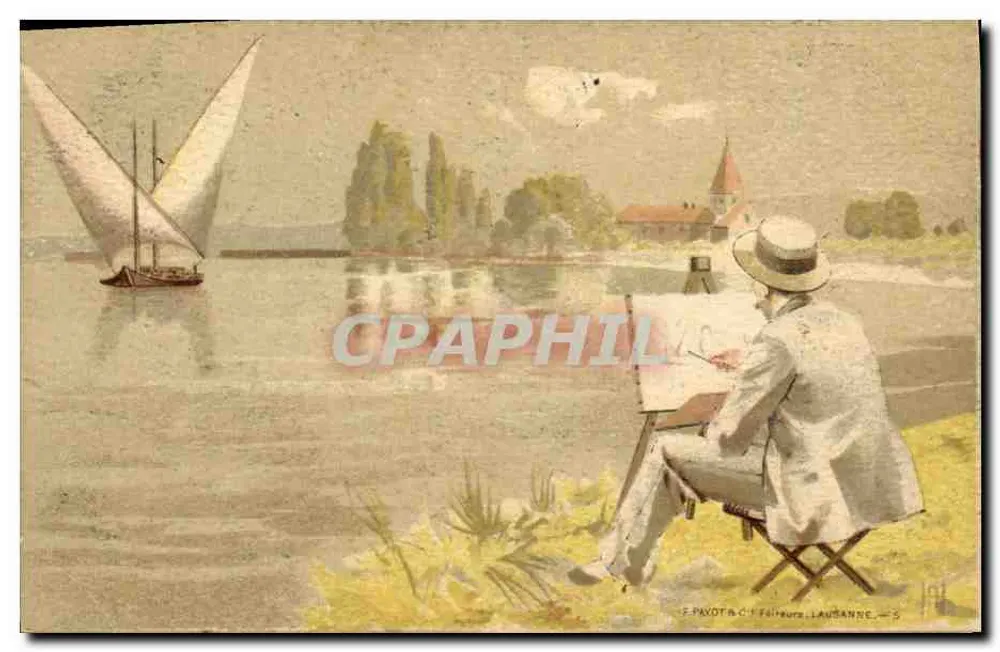 Peintre à l'extérieur — Vue de lac avec voile — F. PAXOT & CIE, Faijouze, LAUSANNE, n°5 - Recto