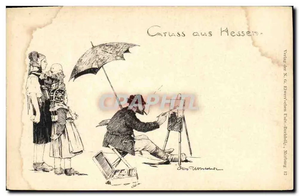 Artista pintando sob um guarda-chuva — Hessen — Verlag der X. G. Elwert'schen Tüftel-Buchhalle, Marburg 12 - Frente