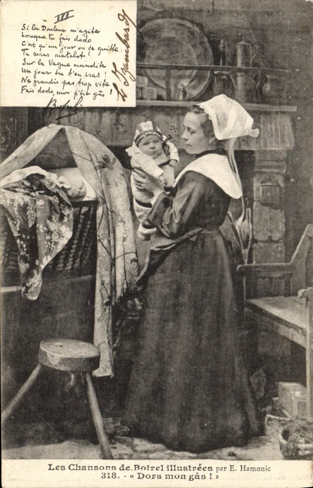 Mãe segurando seu bebê — cena interior — As Canções de Botrel ilustradas por E. Hamonic, n° 318 - Frente