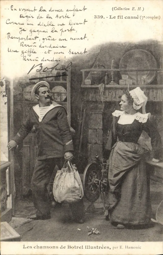 Marino y mujer en el interior — canción ilustrada de Botrel — E. Hamonic, serie 339 - Anverso