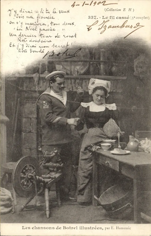 Marino y mujer en una cocina rustica — 'El hilo roto (5º coro)' — Las canciones de Botrel ilustradas, por E. Hamonic, n.º 337 - Anverso
