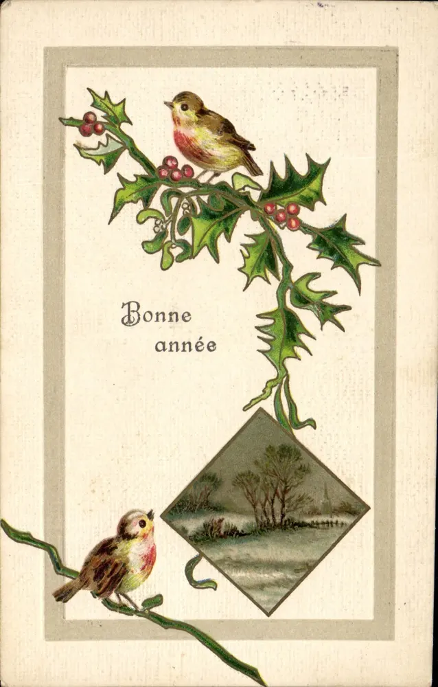 Pássaros em amoras — Boa Ano — Carta postal universal - Frente