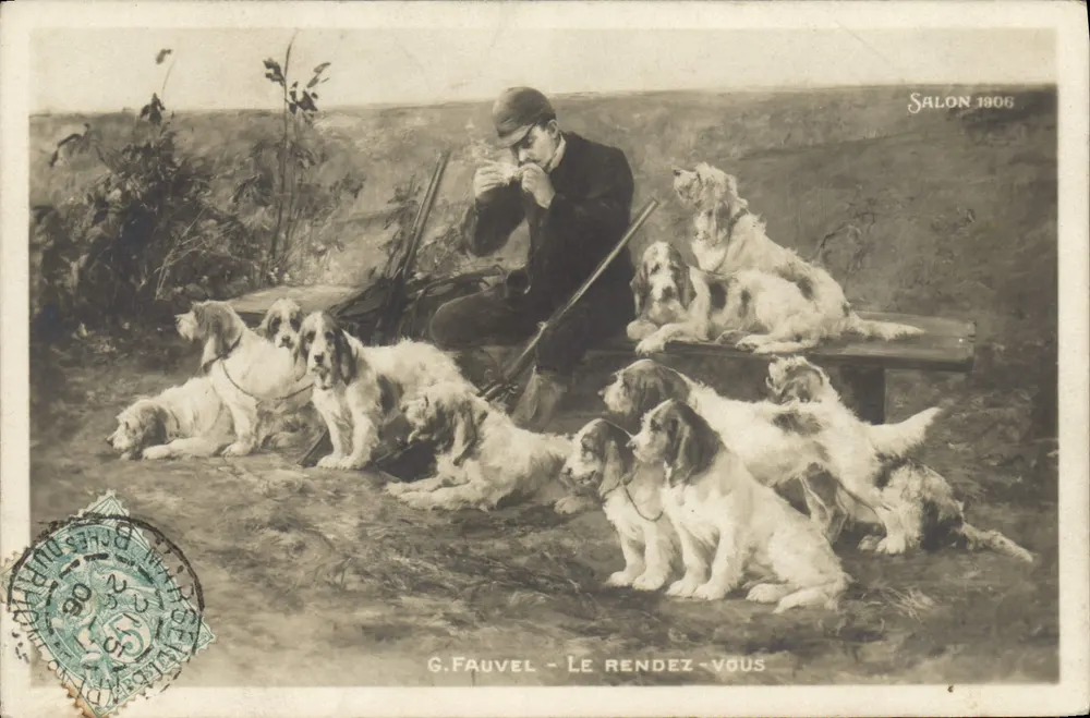 Jäger und Hunde — Das Treffen — G. Fauvel, Salon 1906 - Vorderseite