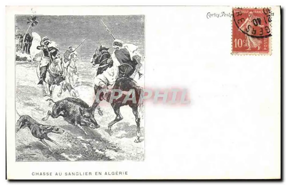 Caça ao javali na Argélia — Carta postal ilustrada — Cartuy Postale - Frente