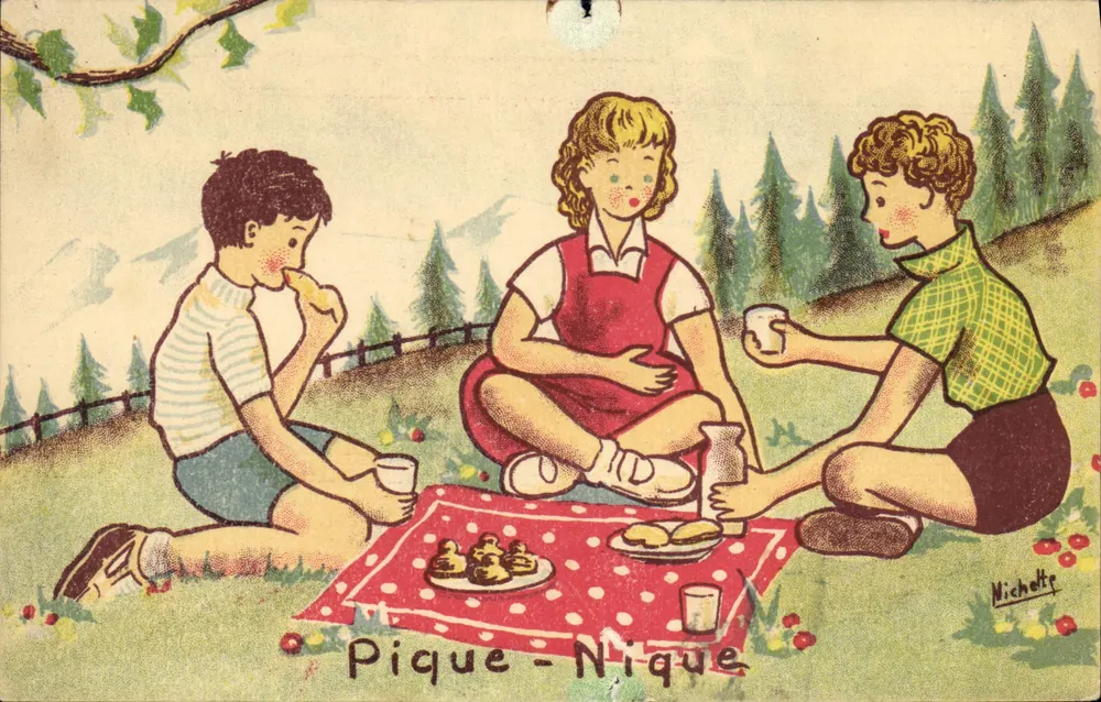 Pique-Nique — scène de trois enfants en forêt — éditeur Nichollette - Vorderseite
