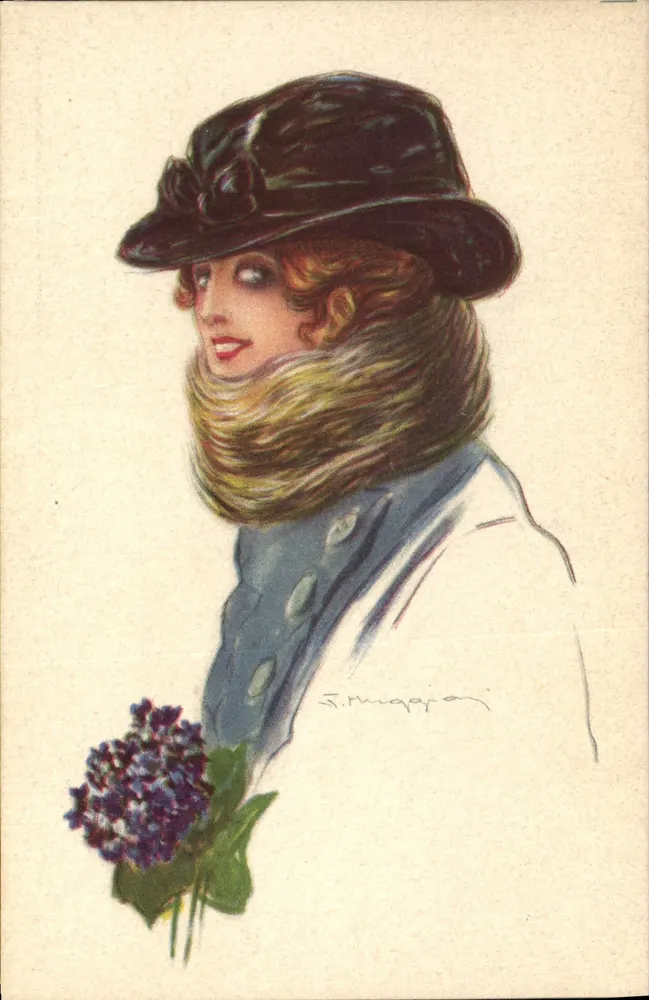 Frau mit schwarzem Hut und Schal — Illustration — J. Muqaron, Serie 102-2 - Vorderseite