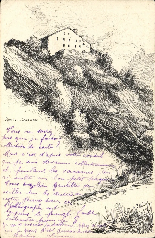 Route de Salorzo — Ansicht eines Hauses auf einer Höhe — Zeichnung von P. A. LELIÈRE - Vorderseite