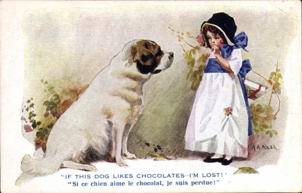 Hund und kleines Mädchen — 'Wenn dieser Hund Schokolade mag, bin ich verloren!' — A.A. Nash, Serie 'Inter-Art Co.' - Vorderseite