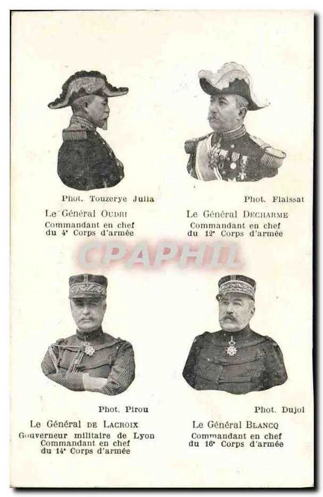 Vier französische Generale — Kommandanten von Armee-Korps — Fot. Touzerye Julia, Fot. Flaissat, Fot. Pirou, Fot. Dujol - Vorderseite