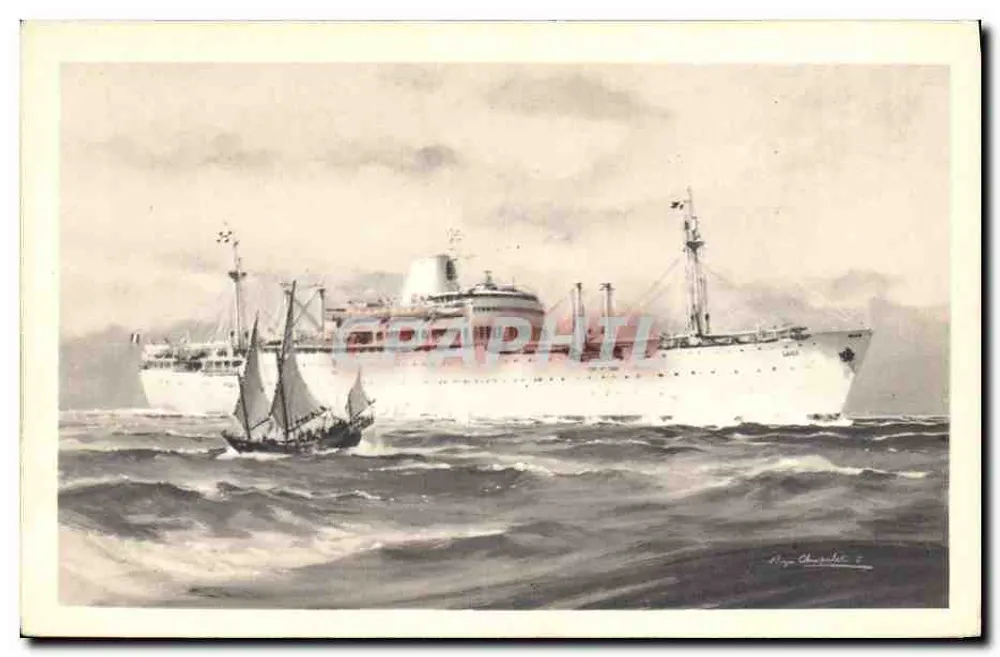 Kreuzer und Segelschiff auf See — Compagnie des Messageries Maritimes « Laos » — Alépée et Cie, Paris - Vorderseite