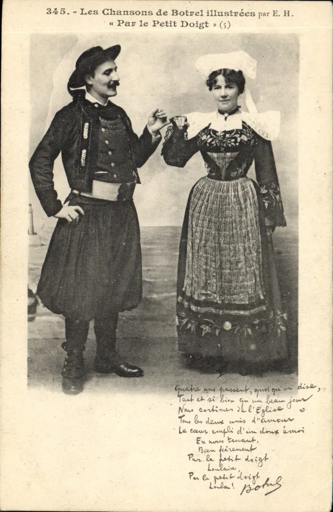 Les Chansons de Botrel illustrées par E. H. — scène de couple en costume — éditeur : « Par le Petit Doigt » (n° 345) - Frente