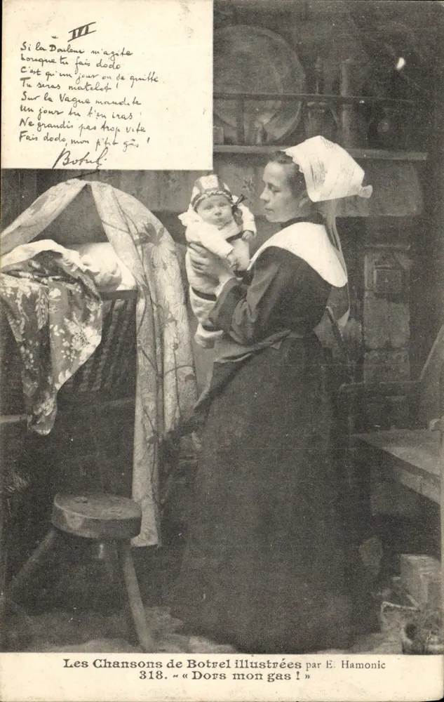 Madre que sostiene a un bebé — escena interior — Las Canciones de Botrel ilustradas por E. Hamonic, n° 318 « Dors mon gas ! » - Anverso