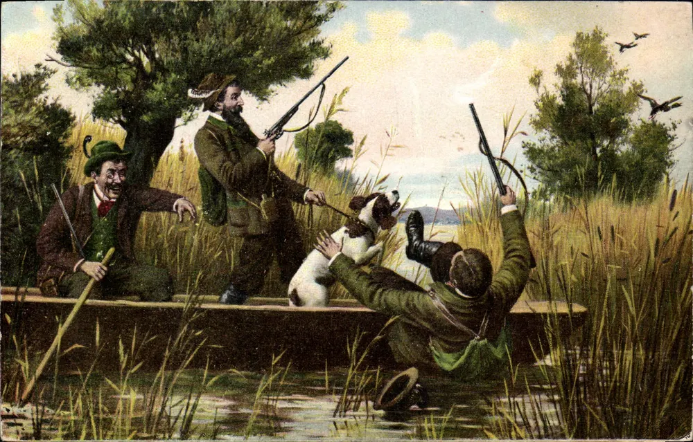 Kanonschieten — drie mannen en een hond in een boot — uitgever R.P. Éditeurs, Parijs, serie 730 - Voorkant