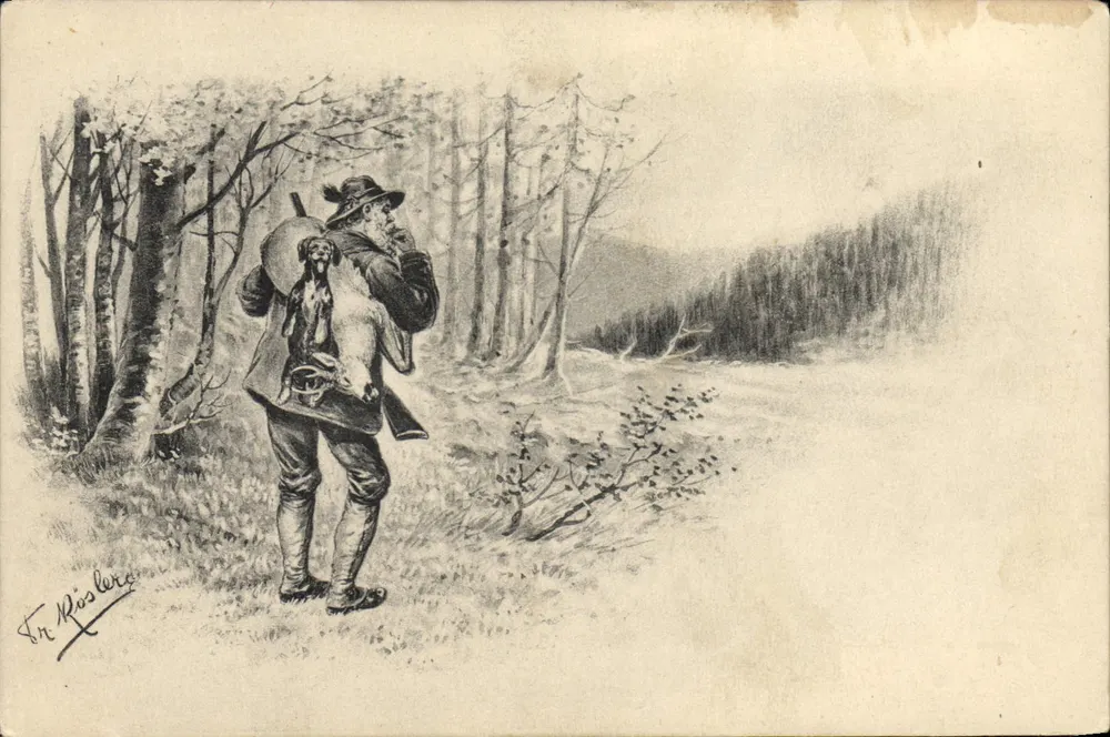 Caçador com cão na floresta — desenho de Fr. Rösler — editor E. S. W. - Frente