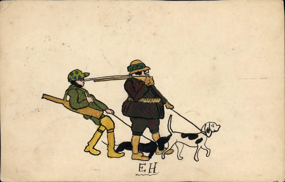 Caçadores com cães — desenho assinado EH — editor desconhecido - Frente
