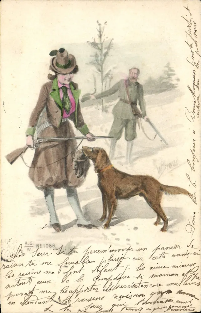 Schneehaft — Frau mit Hund und Mann im Hintergrund — W. Braun, A.S. N°1088 - Vorderseite