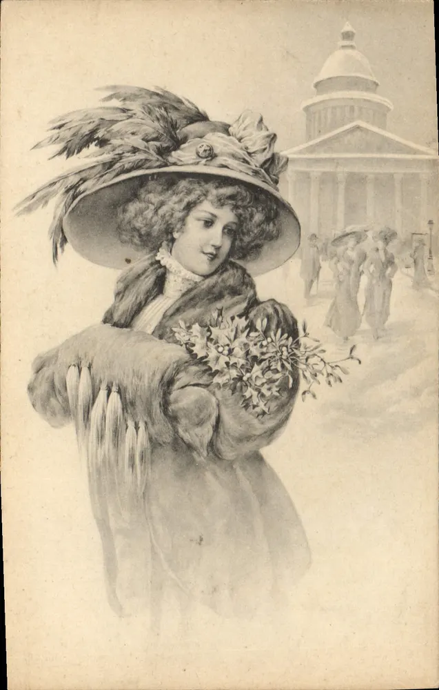 Frau in Pelzmantel und Hut mit Feder — vor dem Kapitol — A. NOYER, Paris, Nr. 2 - Vorderseite