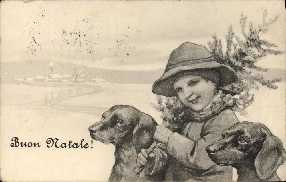 Kind mit zwei Hunden und Weihnachtsbaum — italienische Weihnachtskarte — gedruckt in Österreich - Vorderseite