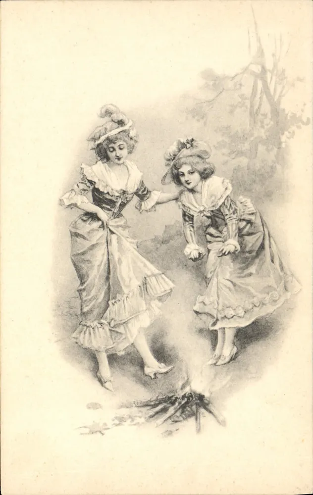 Zwei junge Mädchen, die nahe einem Feuer spielen — Nürnberg, Serie 206, Nr. 7 — Theo. Strofer - Vorderseite