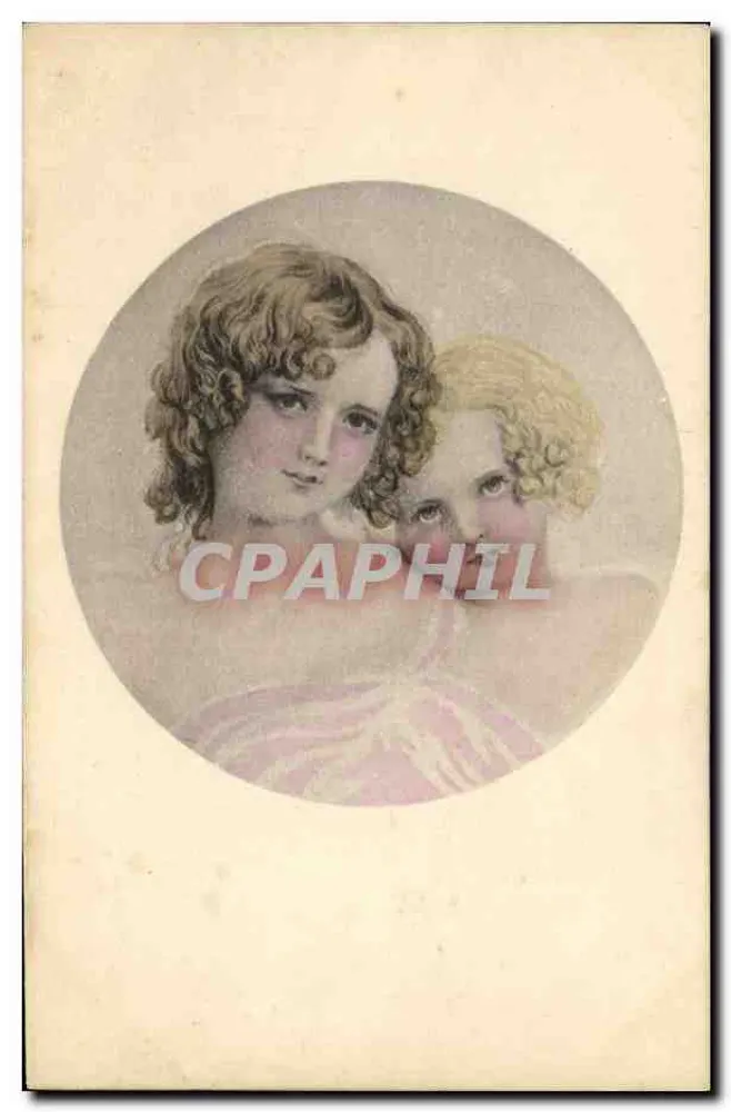 Zwei junge Mädchen — kreisförmige Illustration — anonyme Ansichtskarte - Vorderseite