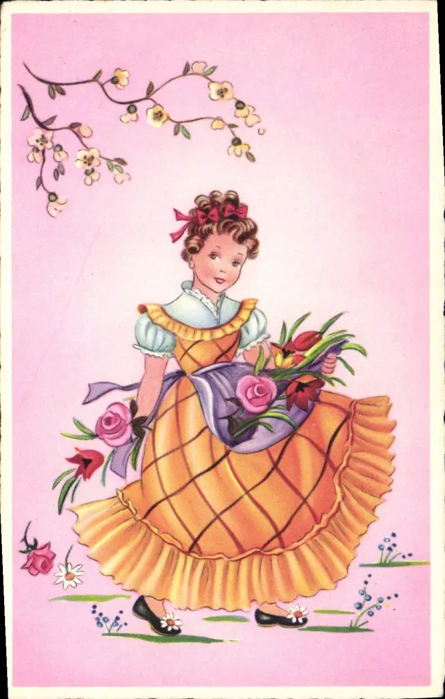 Mädchen in gelber Robe mit Blumenstrauß — Verlag M. D. Paris, Serie N° 1805 - Vorderseite