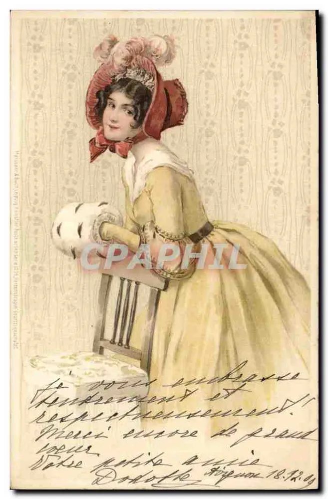 Junge Frau in gelbem Kleid und rotem Hut — H. & C. HOFFMANN — n° 187 - Vorderseite