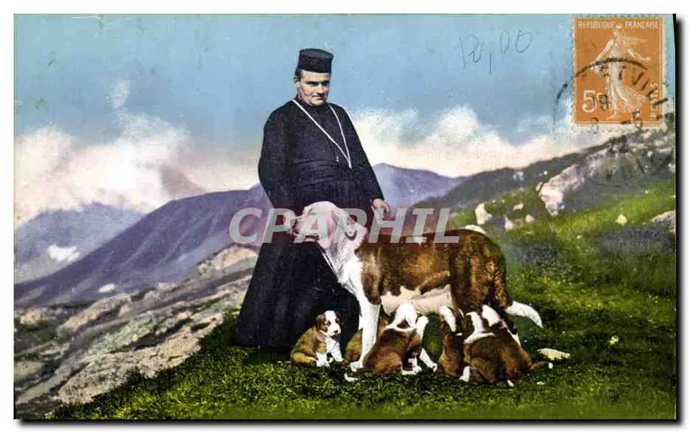 Berglandschaft — Ein religiöser Mensch mit einem erwachsenen Hund und Welpen — Juillien frères, Phot. Editeurs, Genève - Vorderseite