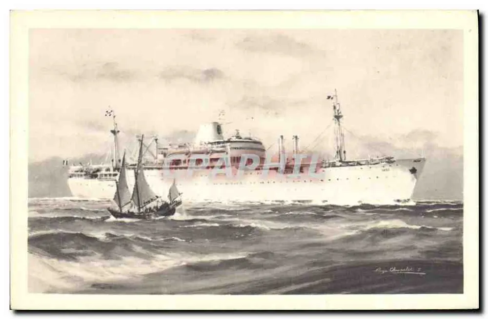 Kreuzer und Segelschiff auf See — Zeichnung von Roger Chevallier — Compagnie des Messageries Maritimes « LAOS » - Vorderseite