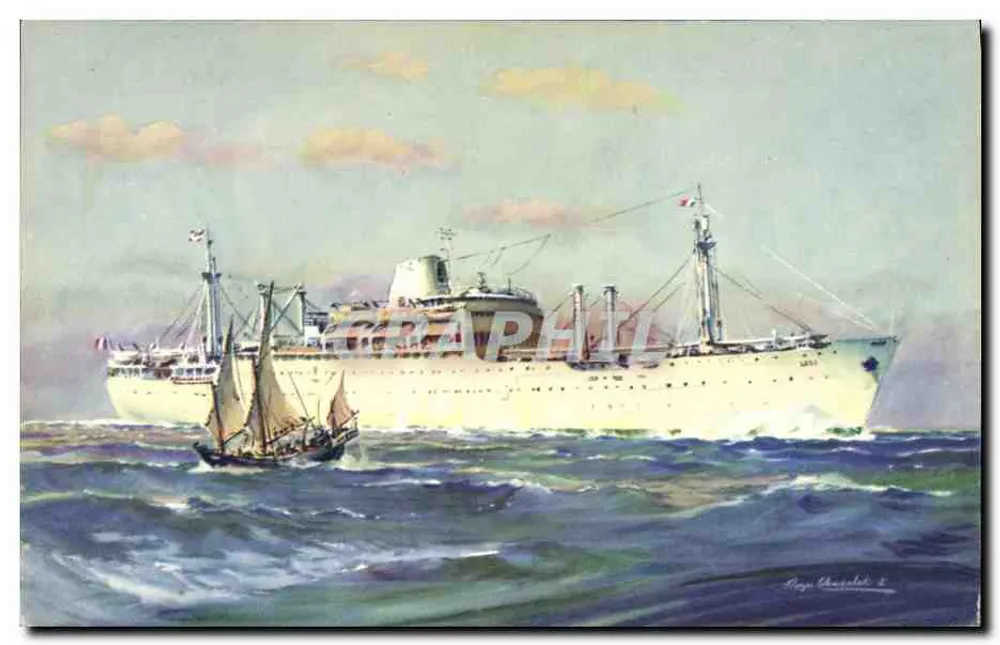 Frachter auf See — ein Segelboot vor einem großen Schiff — Zeichnung von Roger Chauvelat - Vorderseite