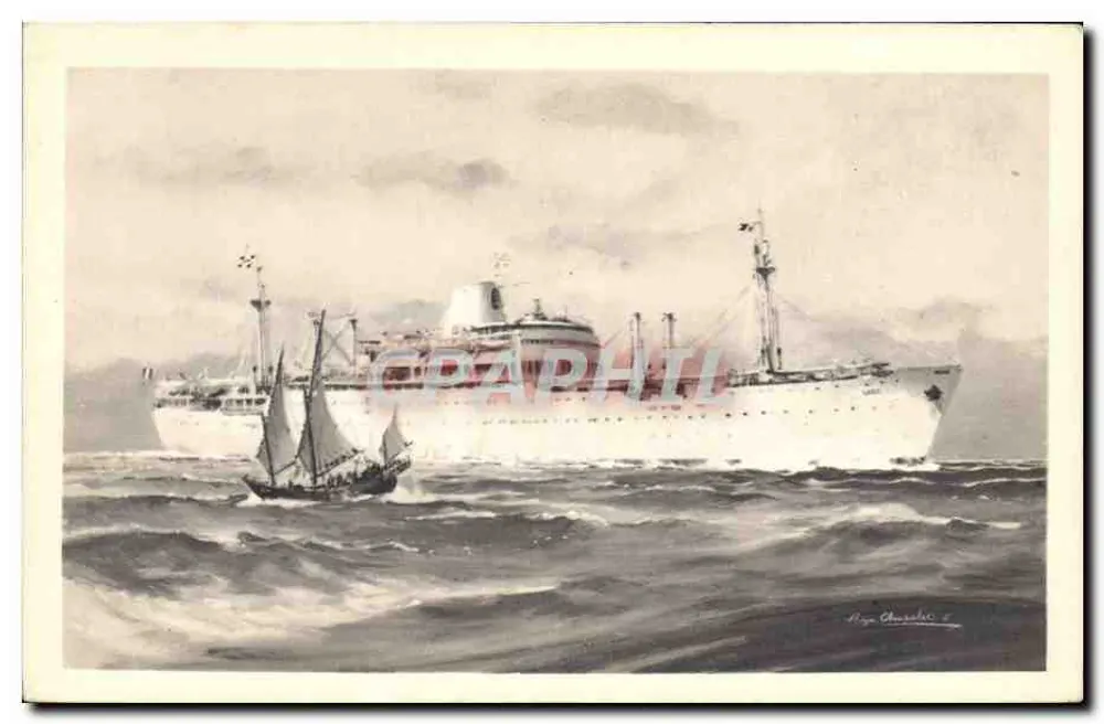 Cruiser e barco a vela no mar — Companhia das Messagerias Marítimas "Laos" — Alépée e Cie, Paris - Frente