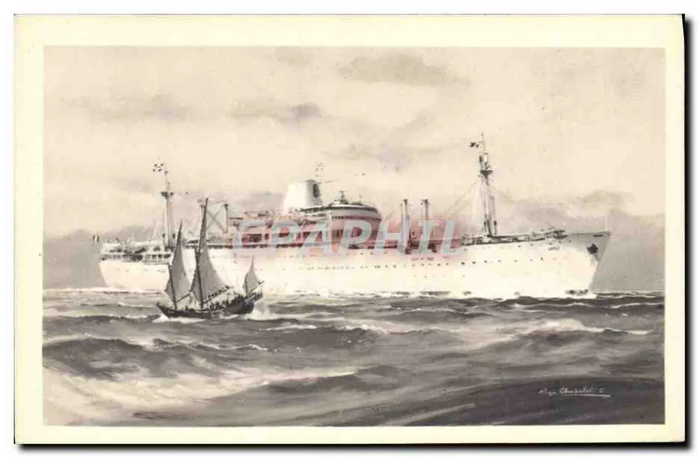 Kreuzer und Segelschiff auf See — Compagnie des Messageries Maritimes « LAOS » — Alépée et Cie, Paris - Vorderseite