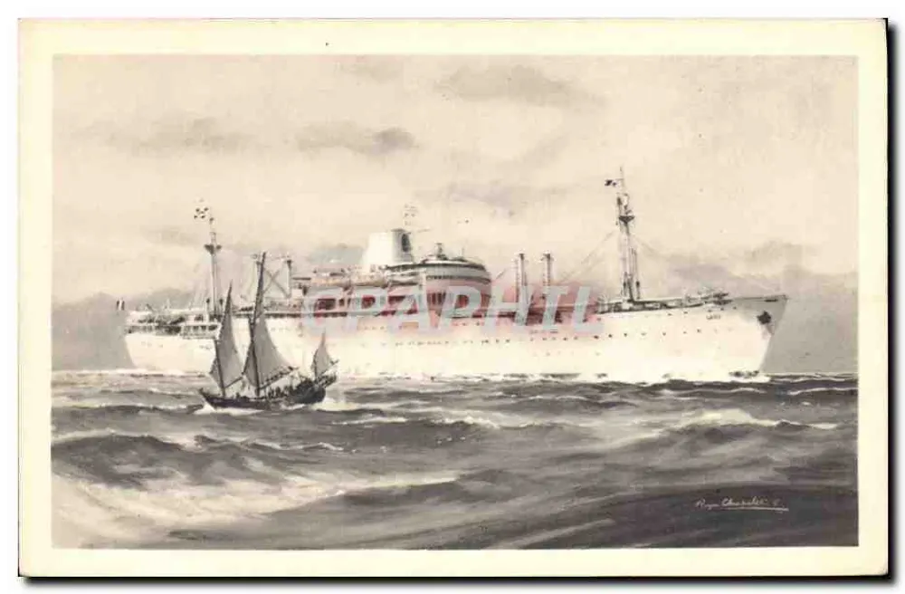 Kreuzer und Segelschiff auf See — Compagnie des Messageries Maritimes « Laos » — Alépée et Cie, Paris - Vorderseite